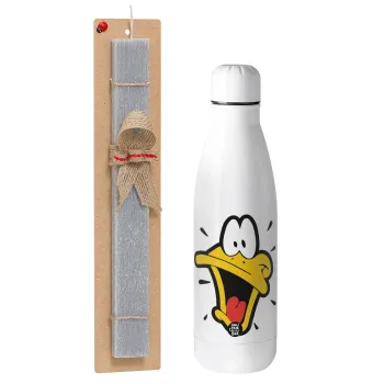 Daffy Duck, Easter Set, metallic stainless thermos bottle (500ml) & scented flat Easter candle (30cm) (GRAY)