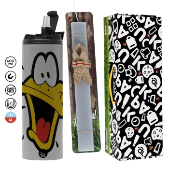 Daffy Duck, Πασχαλινή Λαμπάδα με Travel Tumbler θερμό (600ml, BPA free) & κερί αρωματικό πλακέ (30cm) (ΓΚΡΙ)