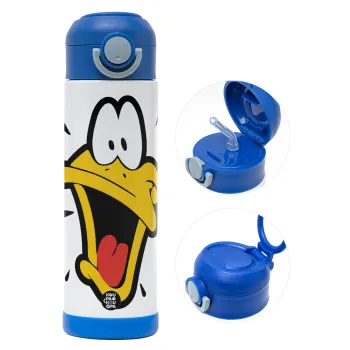 Daffy Duck, Children's hot water bottle, stainless steel, with safety straw, BLUE (500ml)