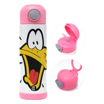 Daffy Duck, Children's hot water bottle, stainless steel, with safety straw, PINK (500ml)