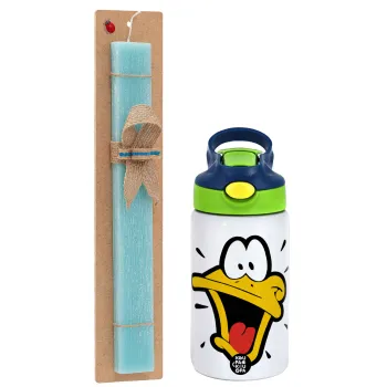 Daffy Duck, Easter Set, Children's thermal stainless steel bottle with safety straw, green/blue (350ml) & aromatic flat Easter candle (30cm) (TURQUOISE)