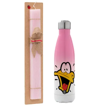 Daffy Duck, Easter Set, Metallic pink/white (Stainless steel) thermos, double-walled, 500ml & aromatic flat Easter candle (30cm) (PINK)