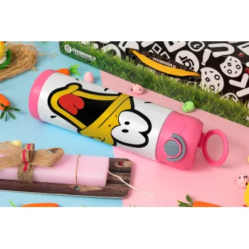 Daffy Duck, Πασχαλινή Λαμπάδα με Παιδικό παγούρι θερμό, ανοξείδωτο, με καλαμάκι ασφαλείας, ΡΟΖ (500ml)