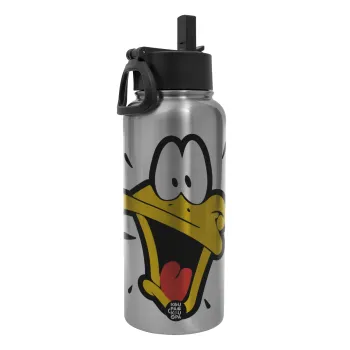Daffy Duck, Metal mug thermo Silver with Straw and Spout Lid (Stainless steel), double wall, 950ml