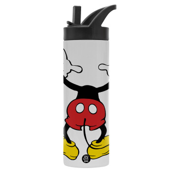 Mickey hide..., Μεταλλικό παγούρι θερμός με καλαμάκι & χειρολαβή, ανοξείδωτο ατσάλι (Stainless steel 304), διπλού τοιχώματος, 600ml