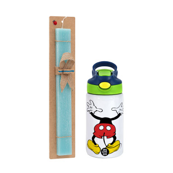 Mickey hide..., Easter Set, Children's thermal stainless steel bottle with safety straw, green/blue (350ml) & aromatic flat Easter candle (30cm) (TURQUOISE)