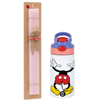 Mickey hide..., Πασχαλινό Σετ, Παιδικό παγούρι θερμό, ανοξείδωτο, με καλαμάκι ασφαλείας, ροζ/μωβ (350ml) & πασχαλινή λαμπάδα αρωματική πλακέ (30cm) (ΡΟΖ)