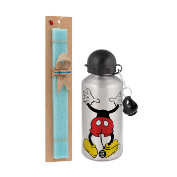 Mickey hide..., Easter Set, metallic silver aluminum water bottle (500ml) & scented flat Easter candle (30cm) (TURQUOISE)