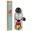 Easter Set, metallic silver aluminum water bottle (500ml) & scented flat Easter candle (30cm) (TURQUOISE)