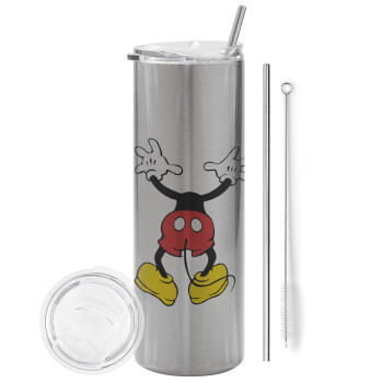 Mickey hide..., Eco friendly ποτήρι θερμό Ασημένιο (tumbler) από ανοξείδωτο ατσάλι 600ml, με μεταλλικό καλαμάκι & βούρτσα καθαρισμού