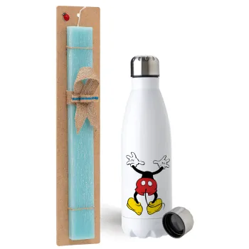 Mickey hide..., Easter Set, metallic stainless steel water bottle (750ml) & aromatic flat Easter candle (30cm) (TURQUOISE)