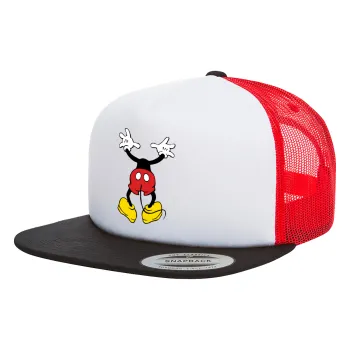 Mickey hide..., Adult Foam Flat Snapback with Mesh Black-White-Red (POLYESTER, ADULT, UNISEX, ONE SIZE)