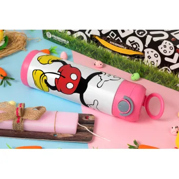 Mickey hide..., Πασχαλινή Λαμπάδα με Παιδικό παγούρι θερμό, ανοξείδωτο, με καλαμάκι ασφαλείας, ΡΟΖ (500ml)