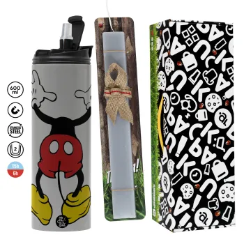 Mickey hide..., Πασχαλινή Λαμπάδα με Travel Tumbler θερμό (600ml, BPA free) & κερί αρωματικό πλακέ (30cm) (ΓΚΡΙ)