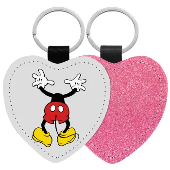 Mickey hide..., Μπρελόκ PU δερμάτινο glitter καρδιά ΡΟΖ