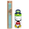 Easter Set, Children's thermal stainless steel bottle with safety straw, green/blue (350ml) & aromatic flat Easter candle (30cm) (TURQUOISE)
