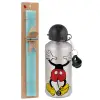Easter Set, metallic silver aluminum water bottle (500ml) & scented flat Easter candle (30cm) (TURQUOISE)