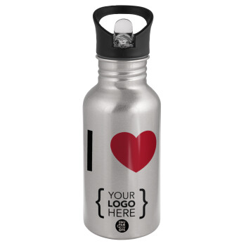 I Love {your logo here}, Water bottle Silver with straw, stainless steel 500ml