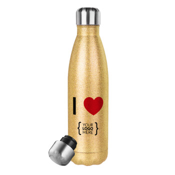 I Love {your logo here}, Μεταλλικό παγούρι θερμός Glitter χρυσό (Stainless steel), διπλού τοιχώματος, 500ml