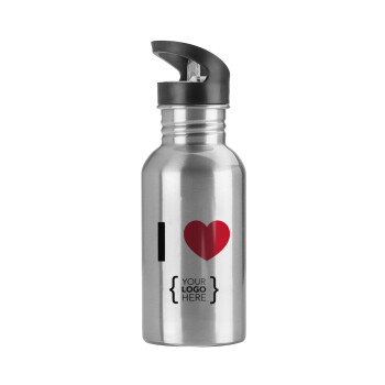 I Love {your logo here}, Water bottle Silver with straw, stainless steel 600ml