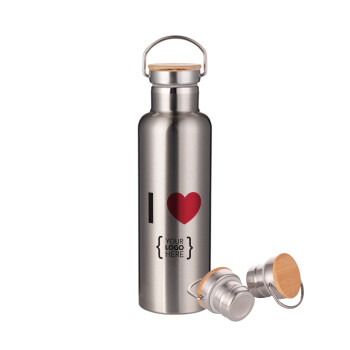 I Love {your logo here}, Stainless steel Silver with wooden lid (bamboo), double wall, 750ml