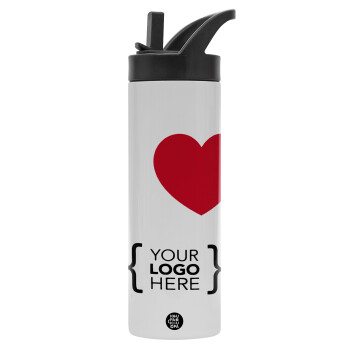 I Love {your logo here}, Μεταλλικό παγούρι θερμός με καλαμάκι & χειρολαβή, ανοξείδωτο ατσάλι (Stainless steel 304), διπλού τοιχώματος, 600ml