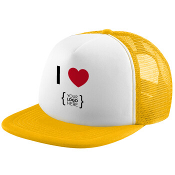 I Love {your logo here}, Καπέλο Ενηλίκων Soft Trucker με Δίχτυ Κίτρινο/White (POLYESTER, ΕΝΗΛΙΚΩΝ, UNISEX, ONE SIZE)