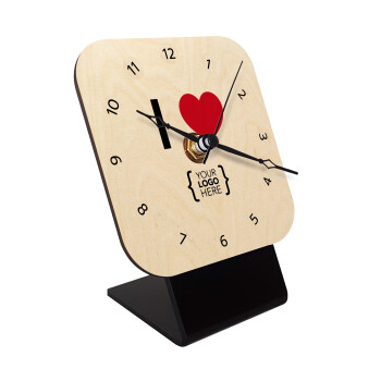 I Love {your logo here}, Quartz Table clock in natural wood (10cm)