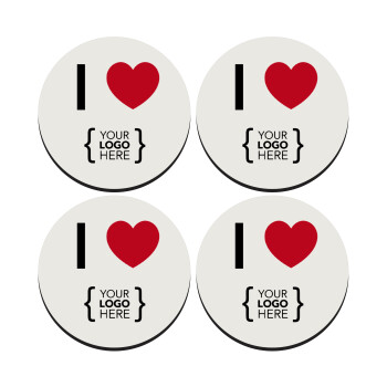 I Love {your logo here}, SET of 4 round wooden coasters (9cm)