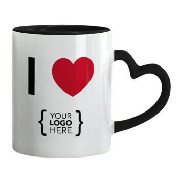 I Love {your logo here}, Mug heart black handle, ceramic, 330ml