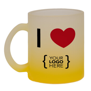 I Love {your logo here}, Κούπα γυάλινη δίχρωμη με βάση το κίτρινο ματ, 330ml