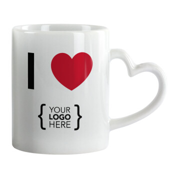 I Love {your logo here}, Mug heart handle, ceramic, 330ml