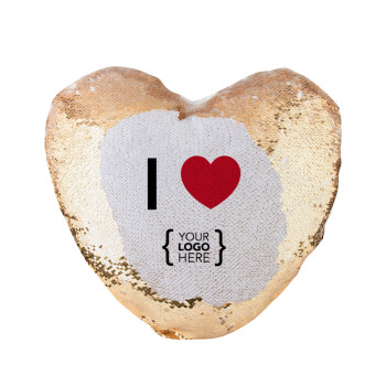 I Love {your logo here}, Μαξιλάρι καναπέ καρδιά Μαγικό Χρυσό με πούλιες 40x40cm περιέχεται το  γέμισμα