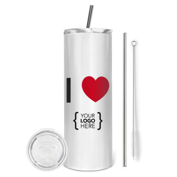 I Love {your logo here}, Eco friendly ποτήρι θερμό (tumbler) από ανοξείδωτο ατσάλι 600ml, με μεταλλικό καλαμάκι & βούρτσα καθαρισμού