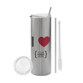 I Love {your logo here}, Eco friendly stainless steel Silver tumbler 600ml, with metal straw & cleaning brush