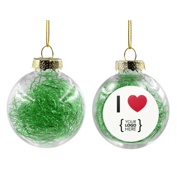 I Love {your logo here}, Χριστουγεννιάτικη μπάλα δένδρου διάφανη με πράσινο γέμισμα 8cm