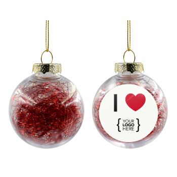 I Love {your logo here}, Χριστουγεννιάτικη μπάλα δένδρου διάφανη με κόκκινο γέμισμα 8cm