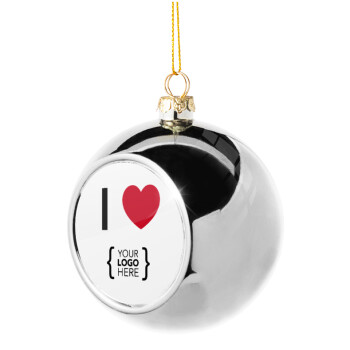 I Love {your logo here}, Χριστουγεννιάτικη μπάλα δένδρου Ασημένια 8cm