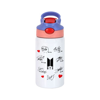BTS signatures, Children's hot water bottle, stainless steel, with safety straw, pink/purple (350ml)