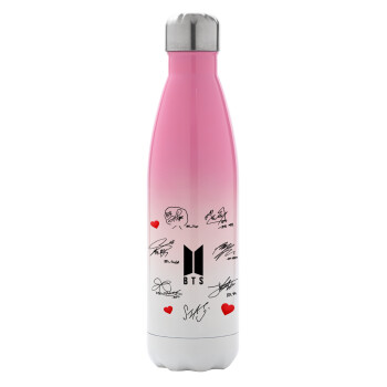 BTS signatures, Metal mug thermos Pink/White (Stainless steel), double wall, 500ml