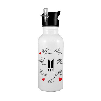 BTS signatures, White water bottle with straw, stainless steel 600ml