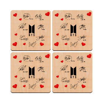 BTS signatures, ΣΕΤ x4 Σουβέρ ξύλινα τετράγωνα plywood (9cm)