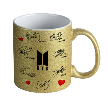 BTS signatures, Κούπα Χρυσή Glitter που γυαλίζει, κεραμική, 330ml