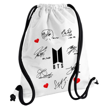 BTS signatures, Τσάντα πλάτης πουγκί GYMBAG λευκή, με τσέπη (40x48cm) & χονδρά κορδόνια