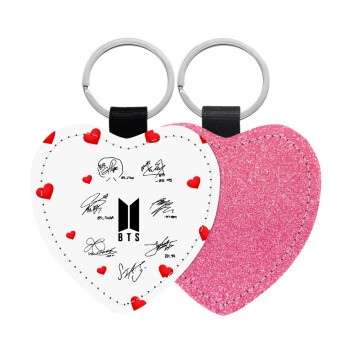 BTS signatures, Μπρελόκ PU δερμάτινο glitter καρδιά ΡΟΖ