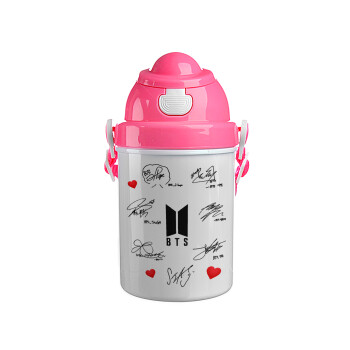 BTS signatures, Ροζ παιδικό παγούρι πλαστικό (BPA-FREE) με καπάκι ασφαλείας, κορδόνι και καλαμάκι, 400ml