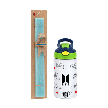 BTS signatures, Easter Set, Children's thermal stainless steel bottle with safety straw, green/blue (350ml) & aromatic flat Easter candle (30cm) (TURQUOISE)