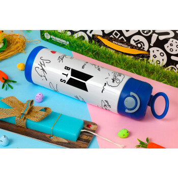 BTS signatures, Πασχαλινή Λαμπάδα με Παιδικό παγούρι θερμό, ανοξείδωτο, με καλαμάκι ασφαλείας, ΜΠΛΕ (500ml)