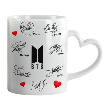BTS signatures, Κούπα καρδιά χερούλι λευκή, κεραμική, 330ml