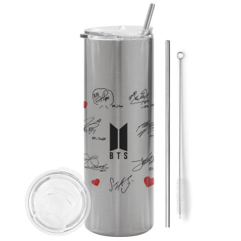 BTS signatures, Tumbler ποτήρι θερμό Ασημένιο από ανοξείδωτο ατσάλι 600ml, με μεταλλικό καλαμάκι & βούρτσα καθαρισμού